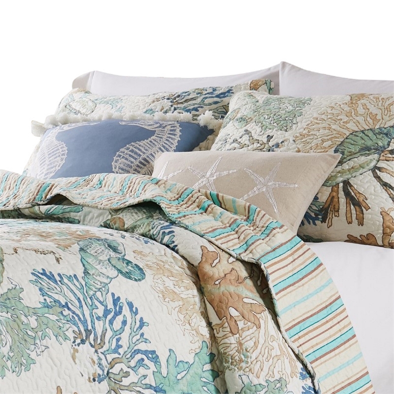Benjara Wade 3pc King Size Quilt Set- Sham- Jade Blue Coastal Microfiber Cotton