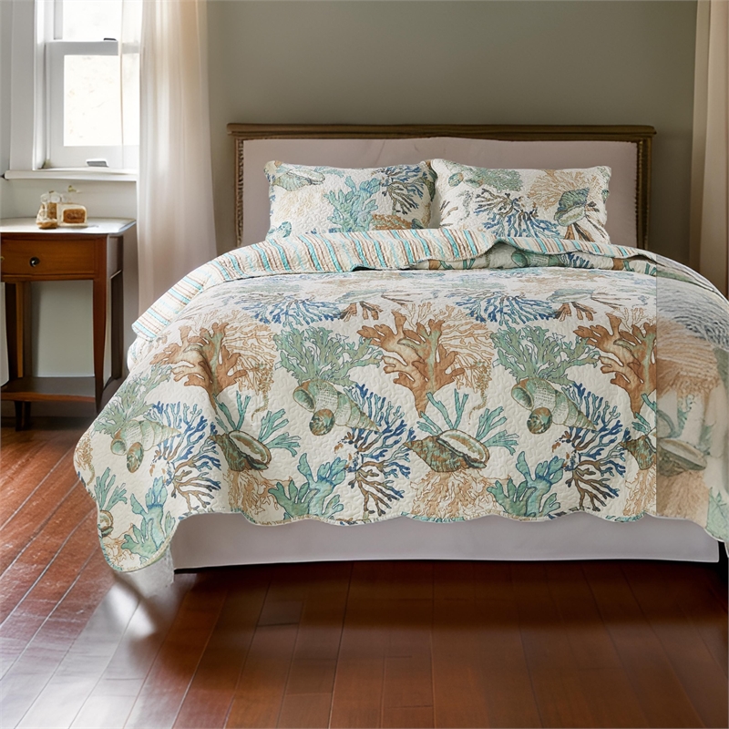 Benjara Wade 3pc King Size Quilt Set- Sham- Jade Blue Coastal Microfiber Cotton