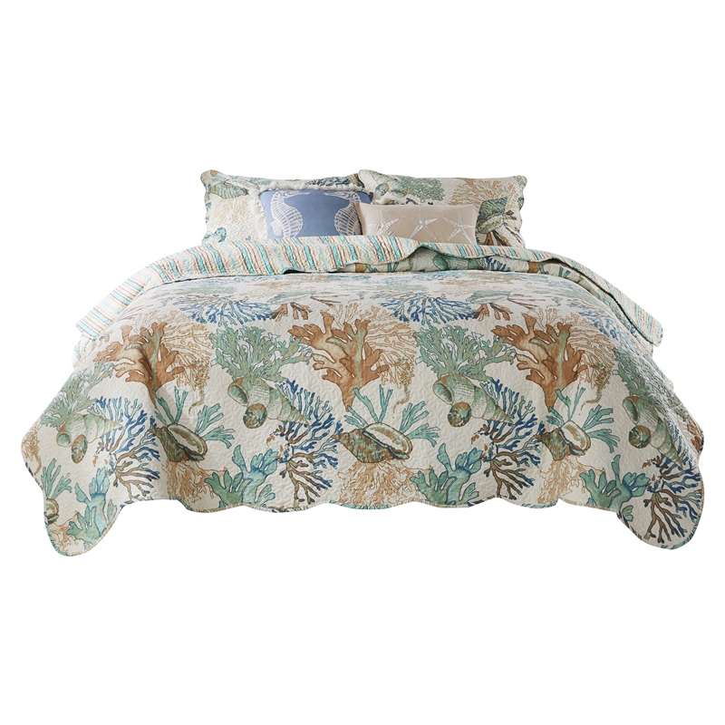Benjara Wade 3pc King Size Quilt Set- Sham- Jade Blue Coastal Microfiber Cotton