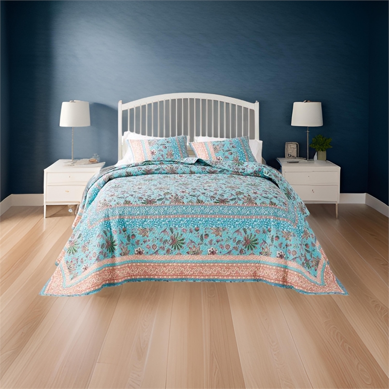 Benjara Dill 3pc King Bedspread Set- Turquoise Green Floral Microfiber Cotton
