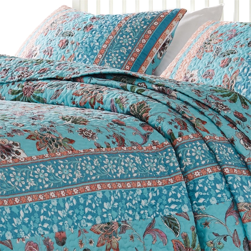Benjara Dill 3pc King Bedspread Set- Turquoise Green Floral Microfiber Cotton