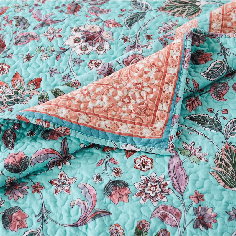 Benjara Dill 3pc King Bedspread Set- Turquoise Green Floral Microfiber Cotton