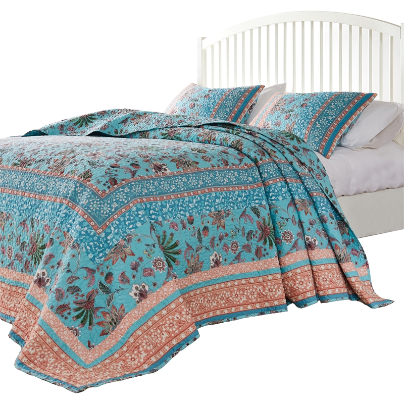 Benjara Dill 3pc King Bedspread Set- Turquoise Green Floral Microfiber Cotton