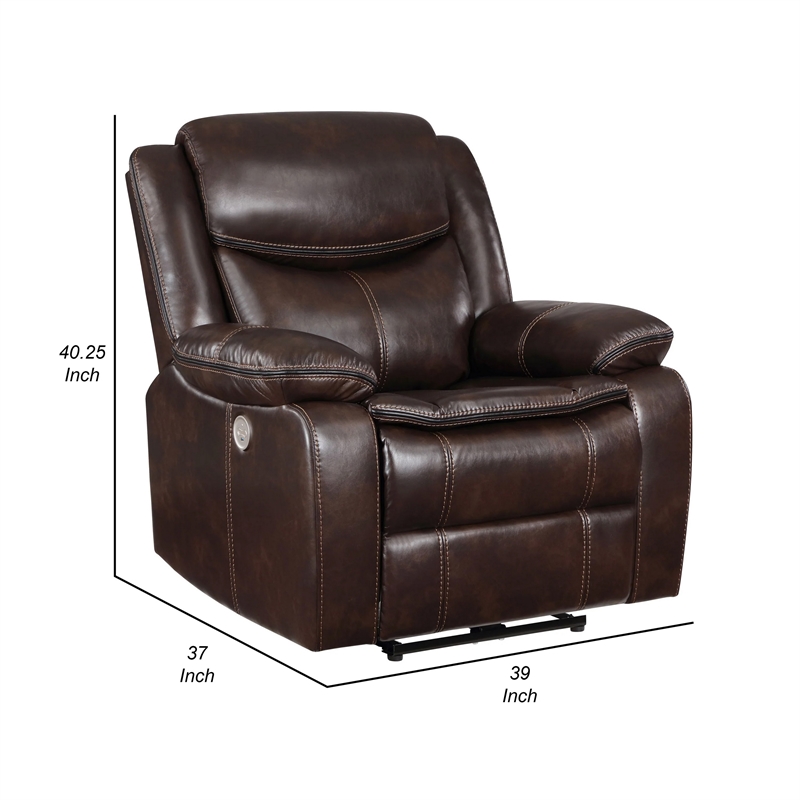 Benjara Susan Power Recliner- Dark Brown Faux Leather- USB Port- Pillow Top Arms