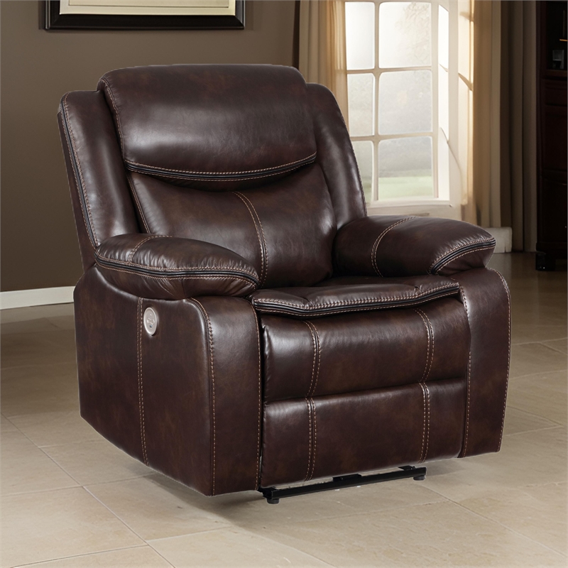 Benjara Susan Power Recliner- Dark Brown Faux Leather- USB Port- Pillow Top Arms