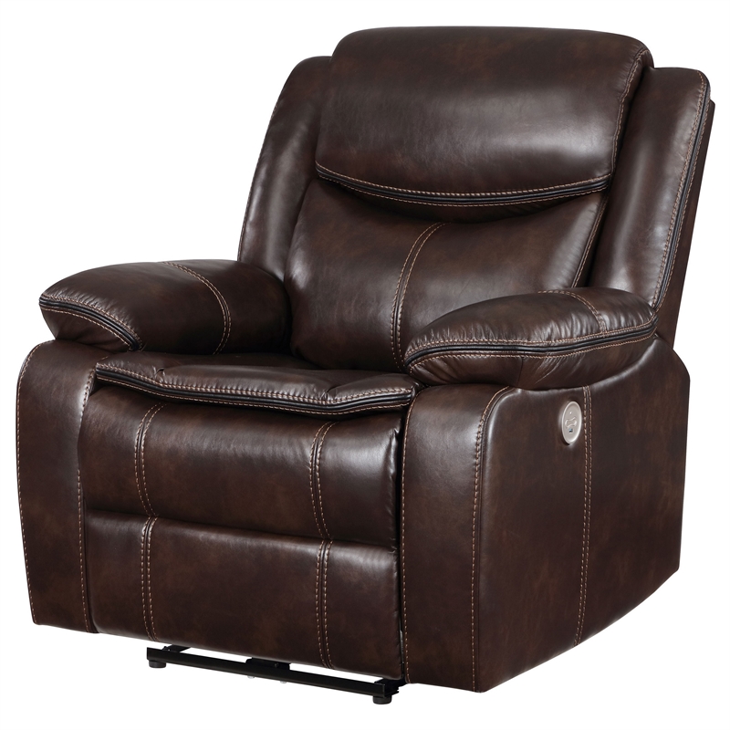 Benjara Susan Power Recliner- Dark Brown Faux Leather- USB Port- Pillow Top Arms