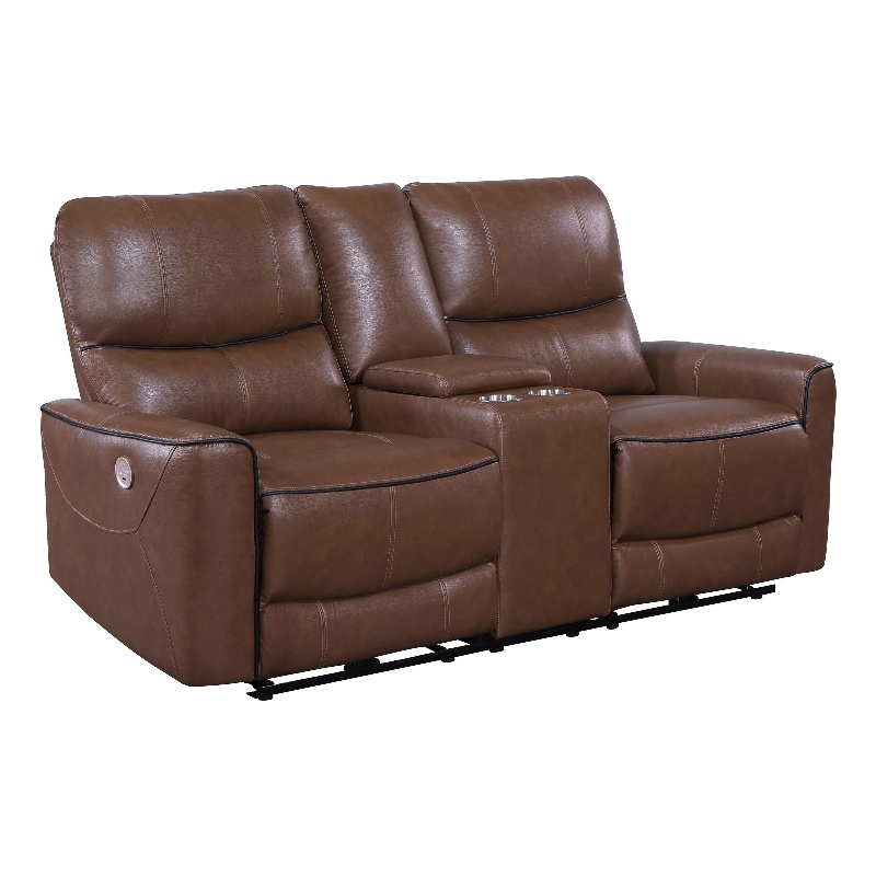 Benjara Lima Power Recliner Loveseat- Brown Faux Leather- USB Port- Foam- 72
