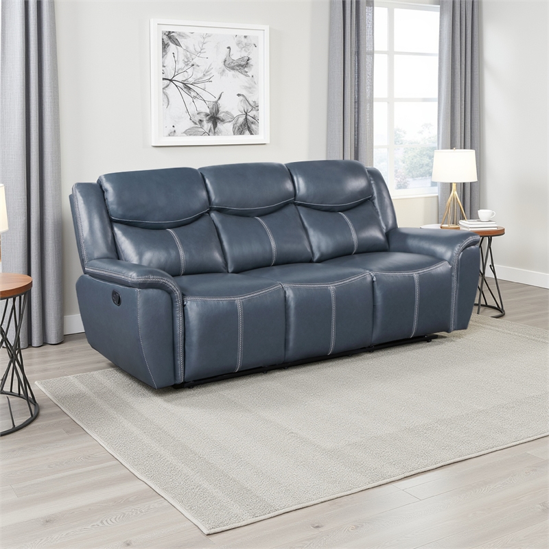 Benjara Eleni Manual Recliner Sofa- Drop Down Table- Blue Faux Leather- 88 Inch