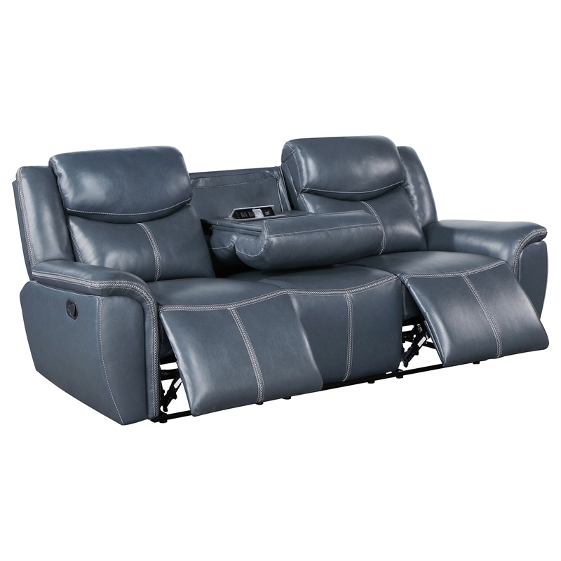 Benjara Eleni Manual Recliner Sofa- Drop Down Table- Blue Faux Leather- 88 Inch