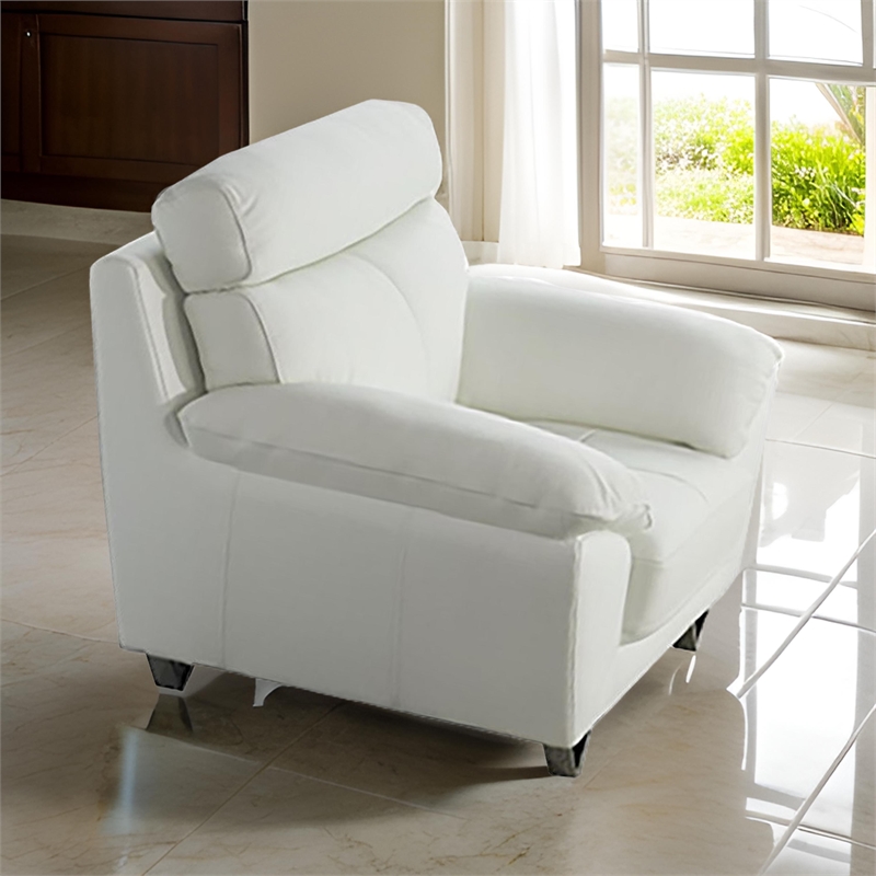 Benjara Rory Accent Chair-White Italian Leather-Foam Cushions-Angled Metal Legs