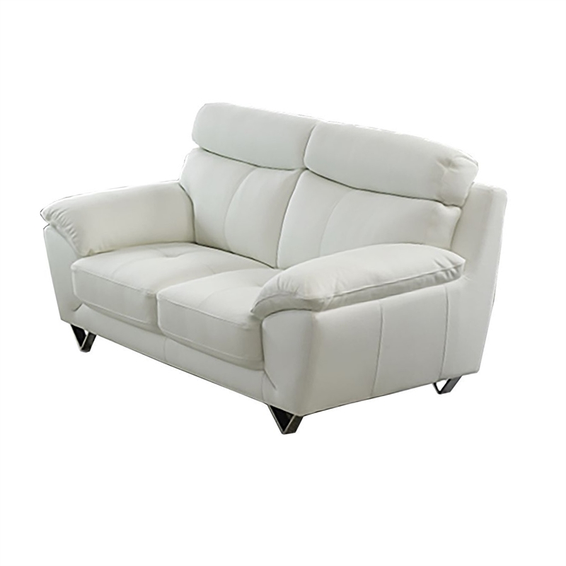 Benjara Rory Loveseat- Plush White Top Grain Leather- Angled Metal Legs- 72 Inch
