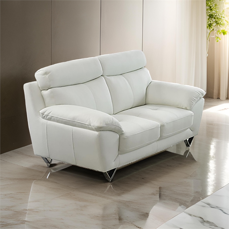 Benjara Rory Loveseat- Plush White Top Grain Leather- Angled Metal Legs- 72 Inch