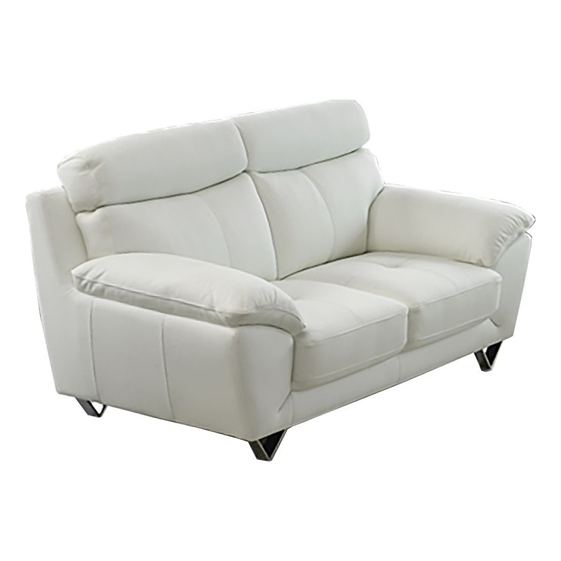 Benjara Rory Loveseat- Plush White Top Grain Leather- Angled Metal Legs- 72 Inch