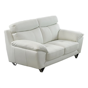 Benjara Rory Loveseat- Plush White Top Grain Leather- Angled Metal Legs- 72 Inch