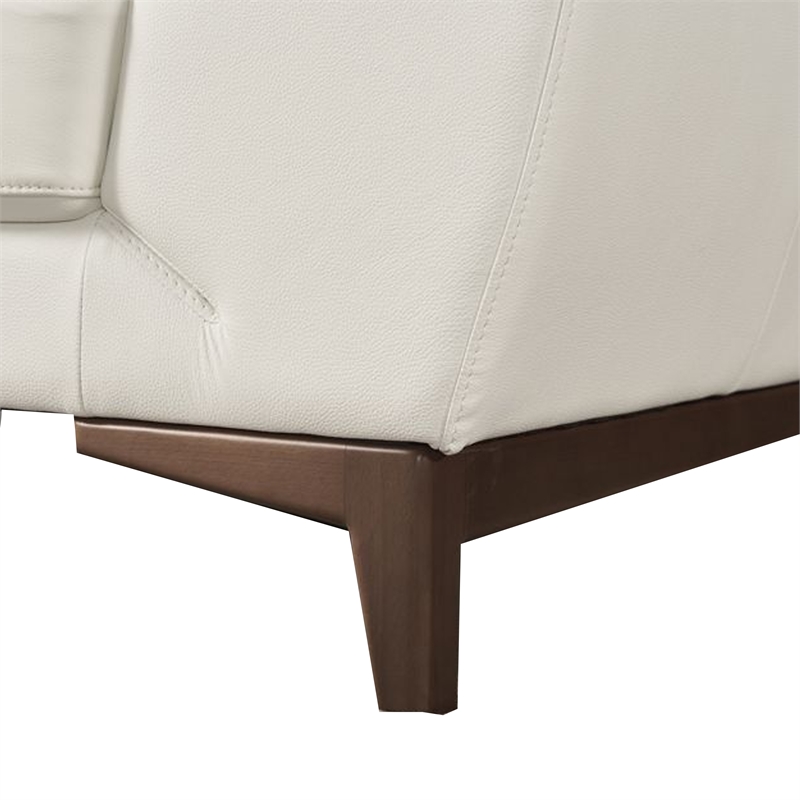 Benjara William Loveseat- White Top Grain Italian Leather- Brown Wood Legs- 73