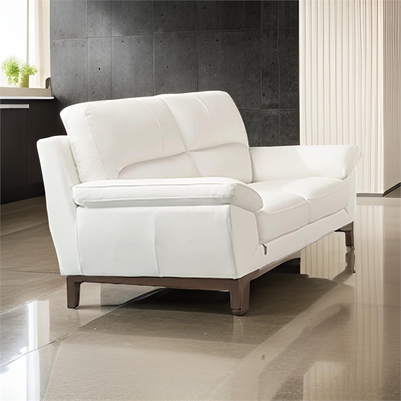 Benjara William Loveseat- White Top Grain Italian Leather- Brown Wood Legs- 73