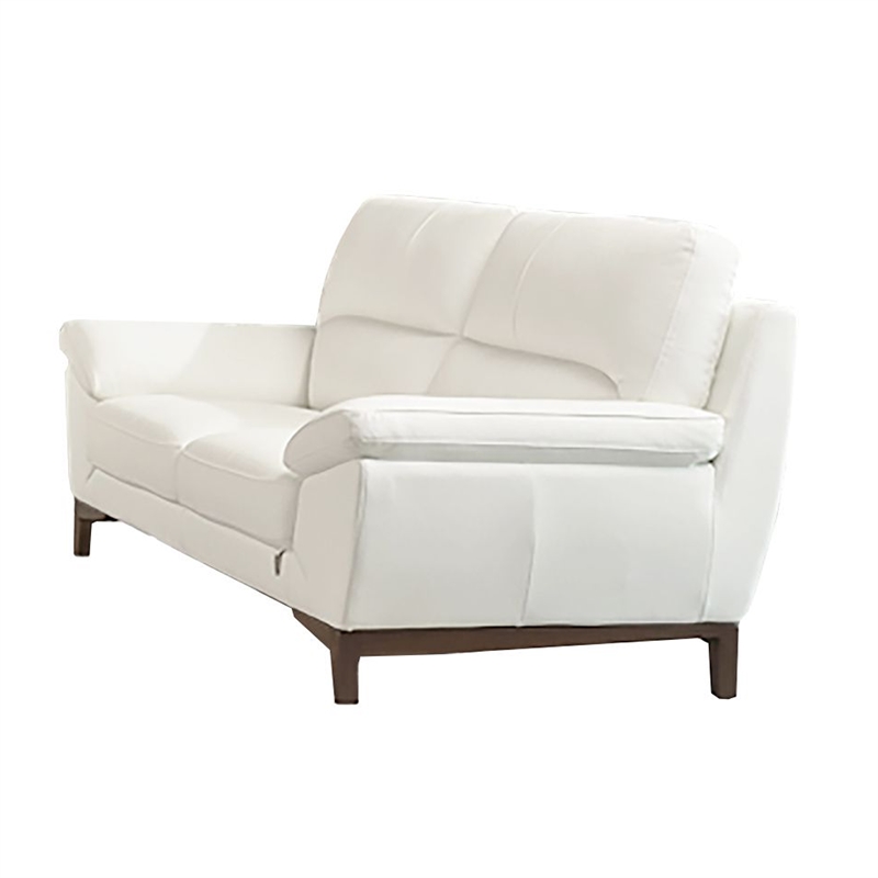 Benjara William Loveseat- White Top Grain Italian Leather- Brown Wood Legs- 73