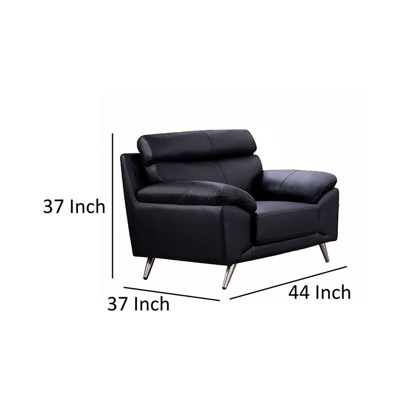 Benjara Justin Accent Chair- Black Top Grain Leather- Foam Cushions- Steel Legs