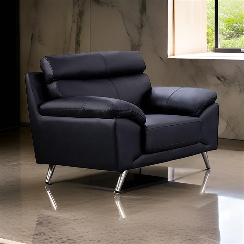 Benjara Justin Accent Chair- Black Top Grain Leather- Foam Cushions- Steel Legs