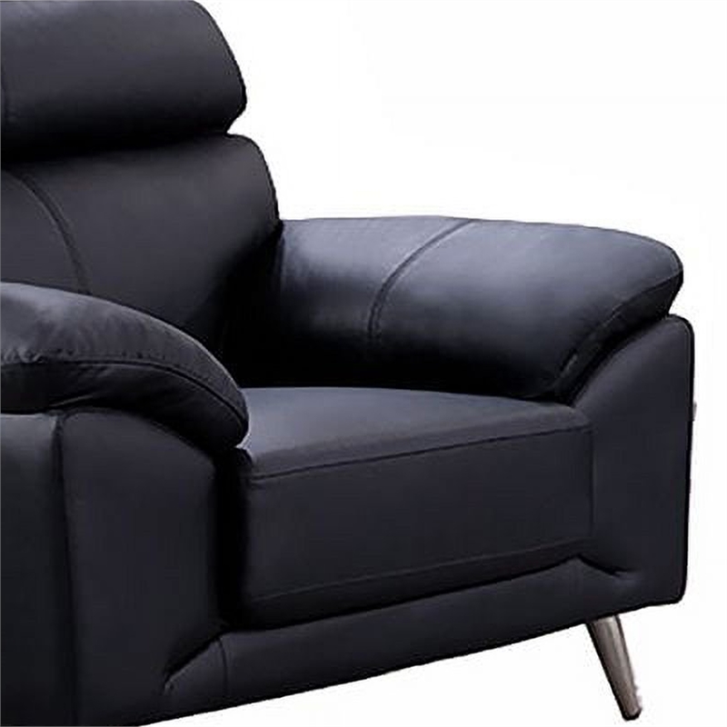 Benjara Justin Accent Chair- Black Top Grain Leather- Foam Cushions- Steel Legs