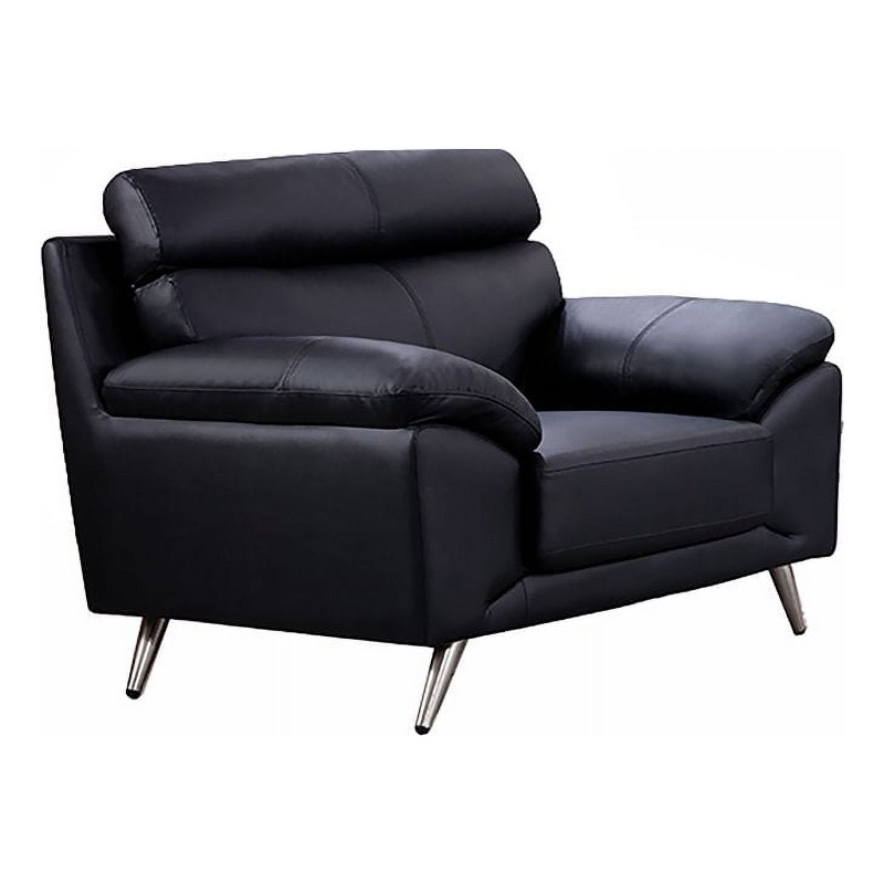 Benjara Justin Accent Chair- Black Top Grain Leather- Foam Cushions- Steel Legs