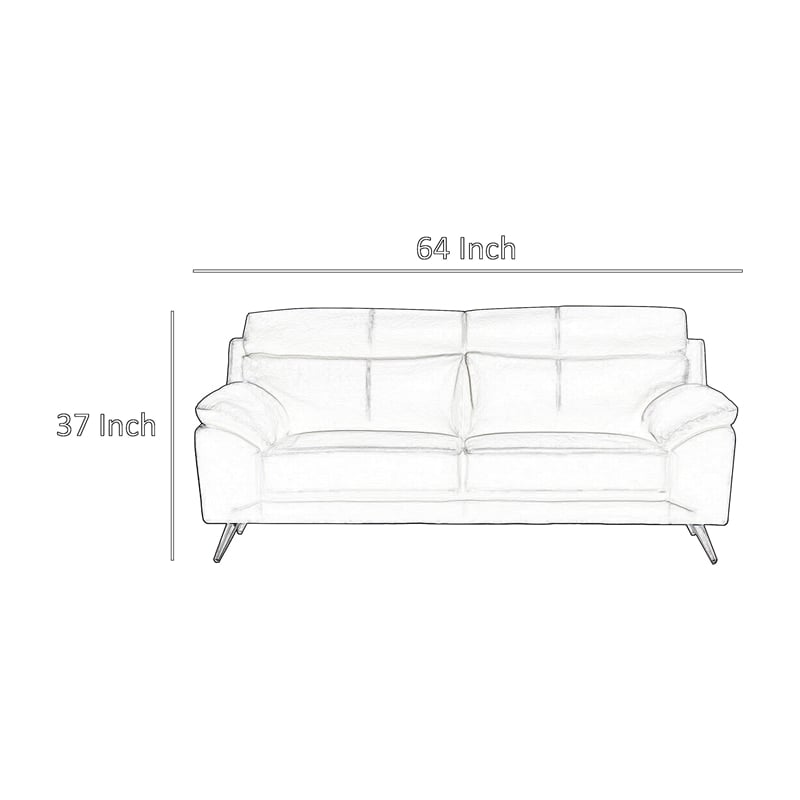 Benjara Justin Loveseat- Black Top Grain Leather- Stainless Steel Legs- 64 Inch