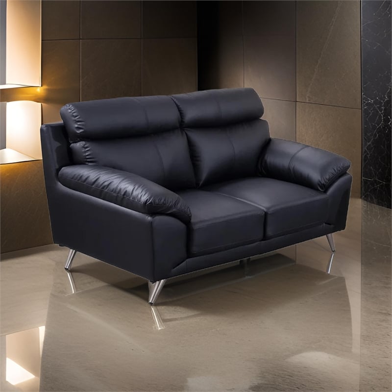 Benjara Justin Loveseat- Black Top Grain Leather- Stainless Steel Legs- 64 Inch