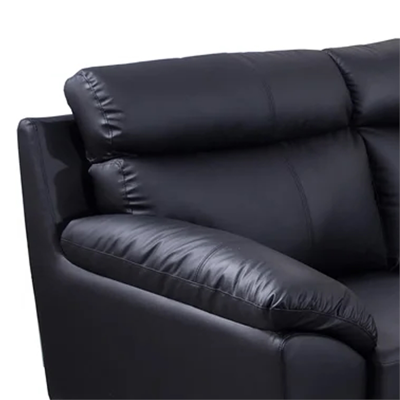Benjara Justin Loveseat- Black Top Grain Leather- Stainless Steel Legs- 64 Inch