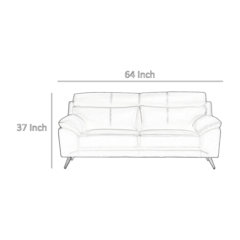 Benjara Justin Loveseat- Black Top Grain Leather- Stainless Steel Legs- 64 Inch