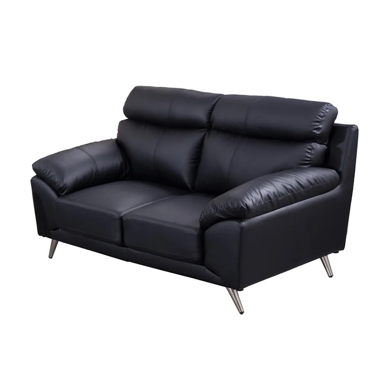 Benjara Justin Loveseat- Black Top Grain Leather- Stainless Steel Legs- 64 Inch