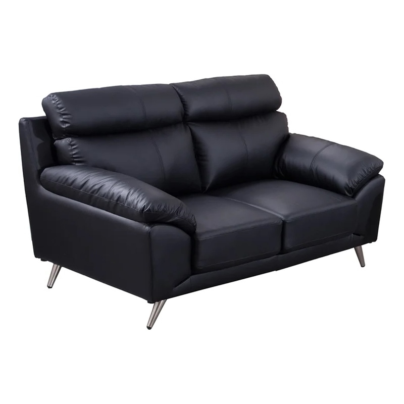 Benjara Justin Loveseat- Black Top Grain Leather- Stainless Steel Legs- 64 Inch