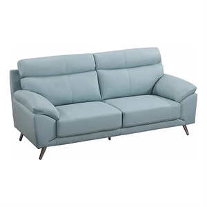 Benjara Justin Sofa- Light Blue Top Grain Leather- Cushions- Steel Legs- 80 Inch