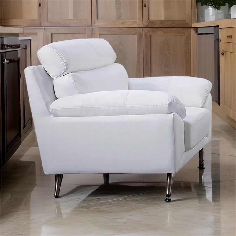 Benjara Justin Accent Chair- White Top Grain Leather- Foam Cushions- Steel Legs