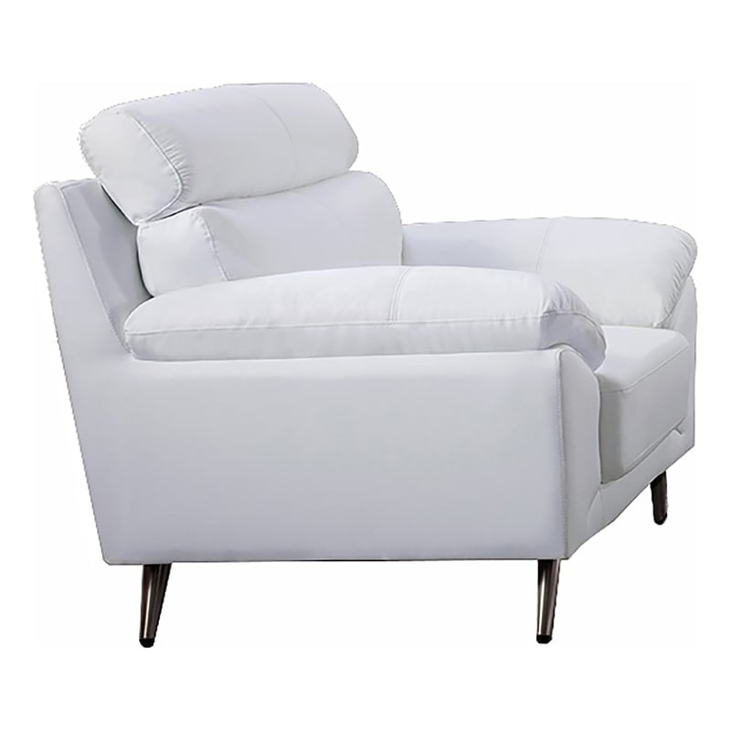 Benjara Justin Accent Chair- White Top Grain Leather- Foam Cushions- Steel Legs
