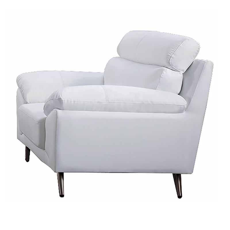 Benjara Justin Accent Chair- White Top Grain Leather- Foam Cushions- Steel Legs