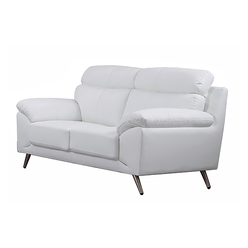 Benjara Justin Loveseat- White Top Grain Leather- Stainless Steel Legs- 64 Inch