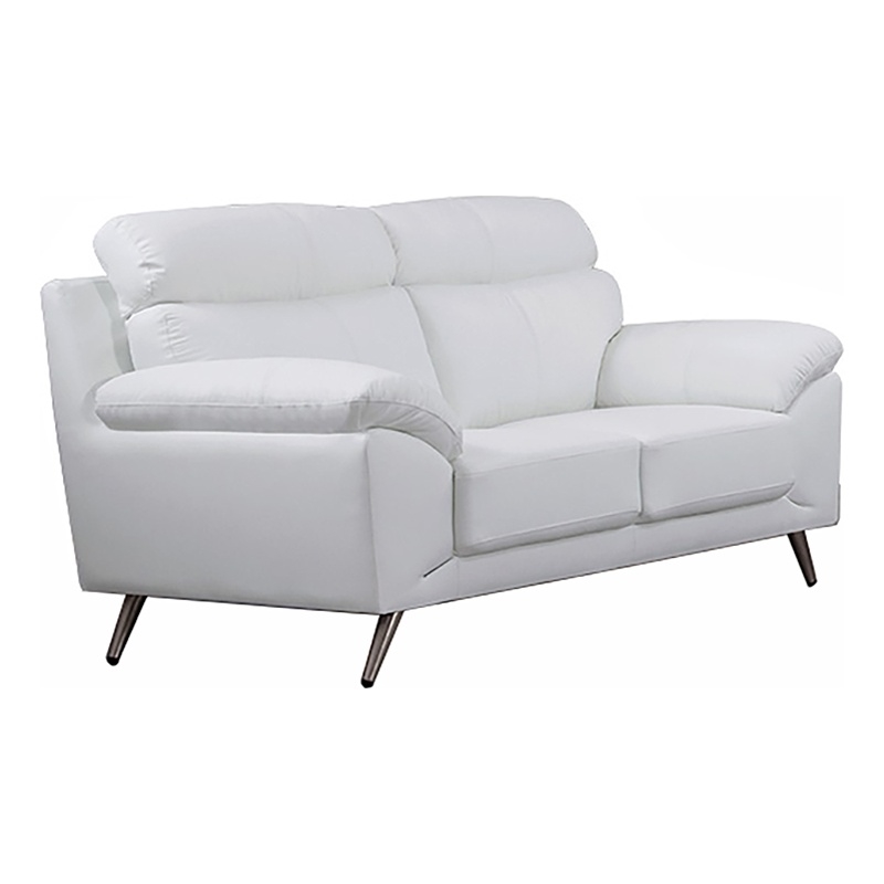 Benjara Justin Loveseat- White Top Grain Leather- Stainless Steel Legs- 64 Inch