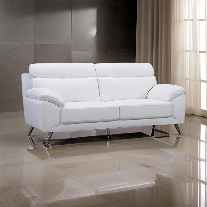 Benjara Justin Sofa- White Top Grain Leather- Foam Cushions- Steel Legs- 80 Inch