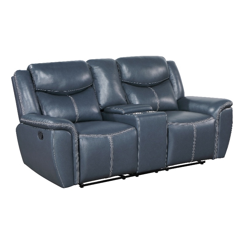 Benjara Eleni Manual Recliner Loveseat- Cup Holders- Blue Faux Leather- 79 Inch