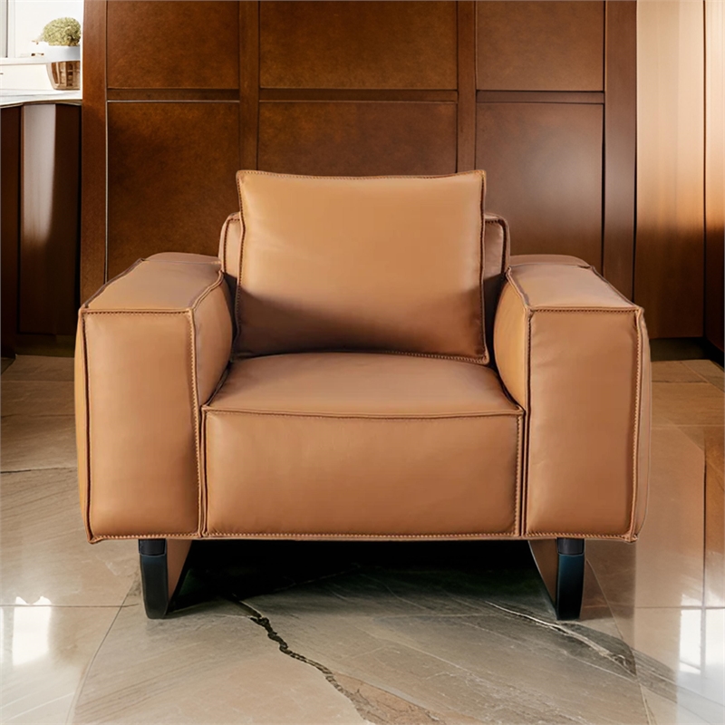 Benjara Kevin Accent Chair- Brown Full Grain Leather- Foam Cushions- Steel Legs