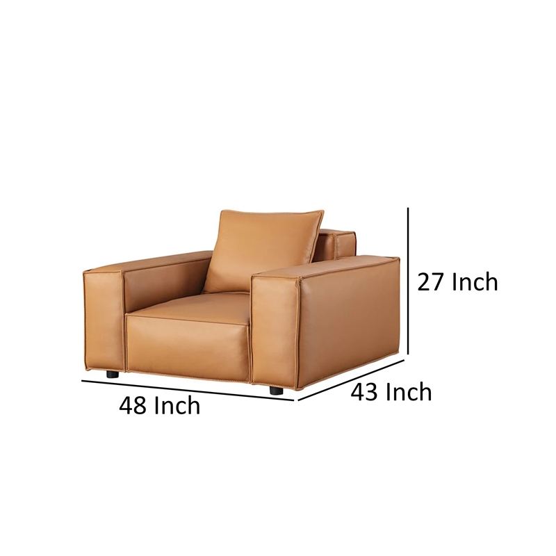Benjara Kevin Accent Chair- Brown Full Grain Leather- Foam Cushions- Steel Legs
