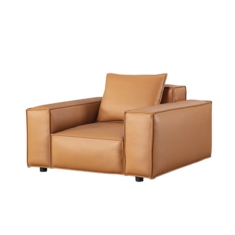 Benjara Kevin Accent Chair- Brown Full Grain Leather- Foam Cushions- Steel Legs