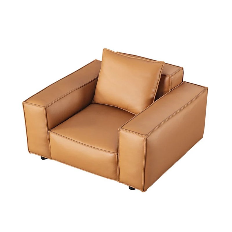 Benjara Kevin Accent Chair- Brown Full Grain Leather- Foam Cushions- Steel Legs