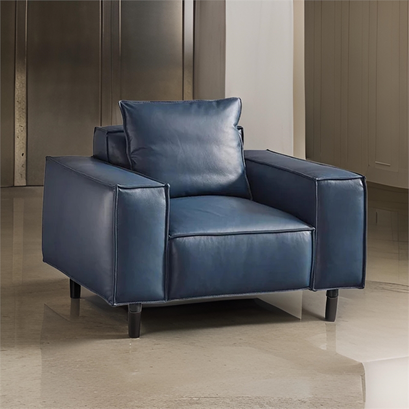 Benjara Kevin Accent Chair- Navy Blue Full Grain Leather