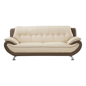 Benjara Diana 83&quot Sofa- 2 Tone Brown Cream Genuine Leather- Pillow Arms- Chrome