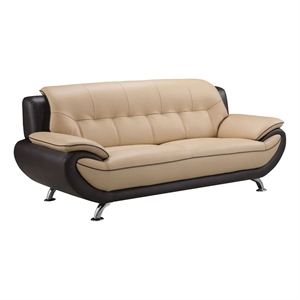 Benjara Diana 83&quot Sofa- 2 Tone Brown Beige Genuine Leather- Pillow Arms- Chrome