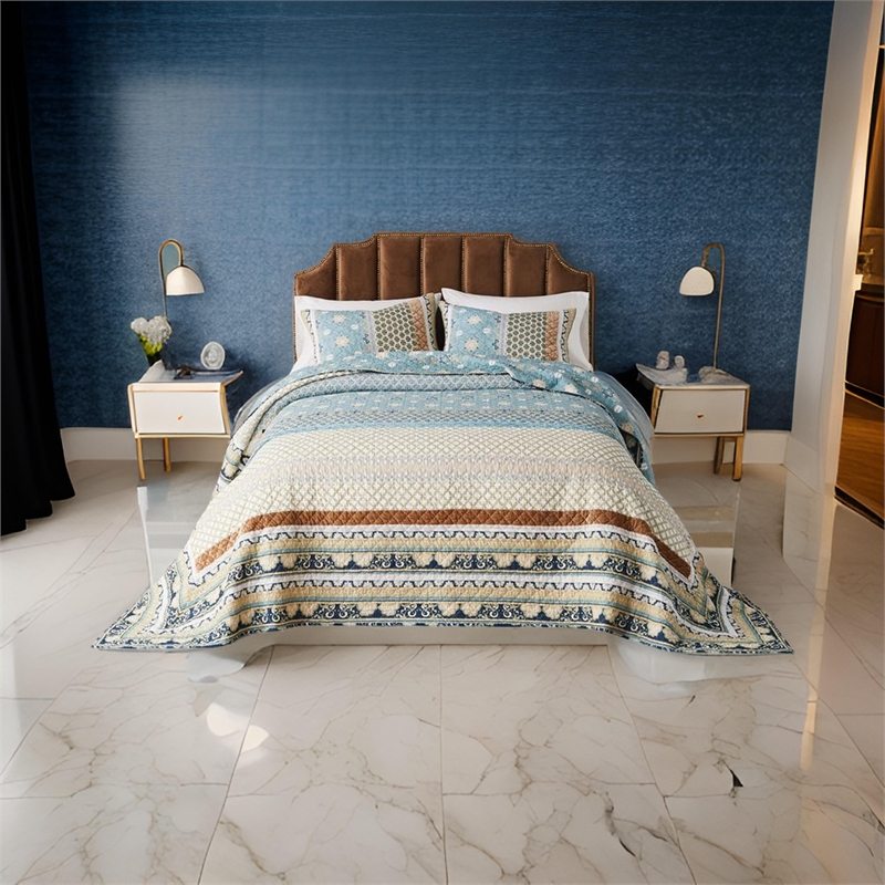 Benjara Ello 3pc Queen Bedspread and Pillow Sham Set- Bohemian Multicolor Print