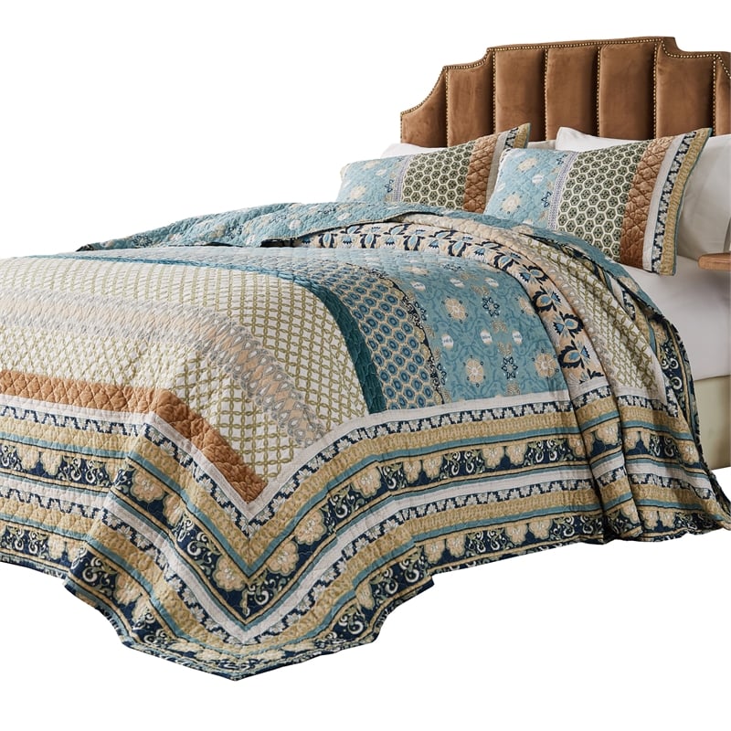 Benjara Ello 3pc Queen Bedspread and Pillow Sham Set- Bohemian Multicolor Print