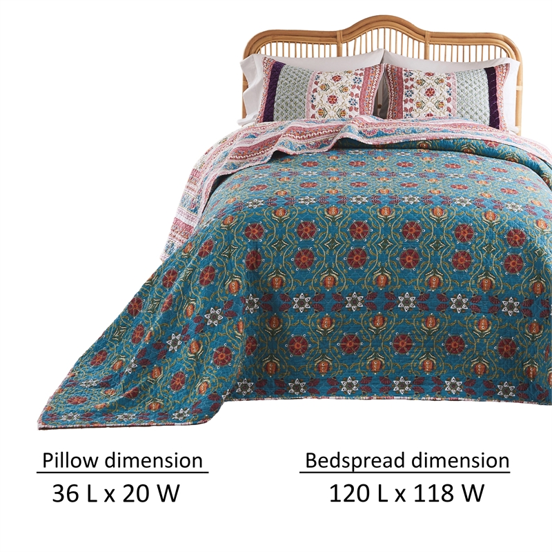 Benjara Ello 3pc King Bedspread and Pillow Sham Set- Red Blue Bohemian Stripes