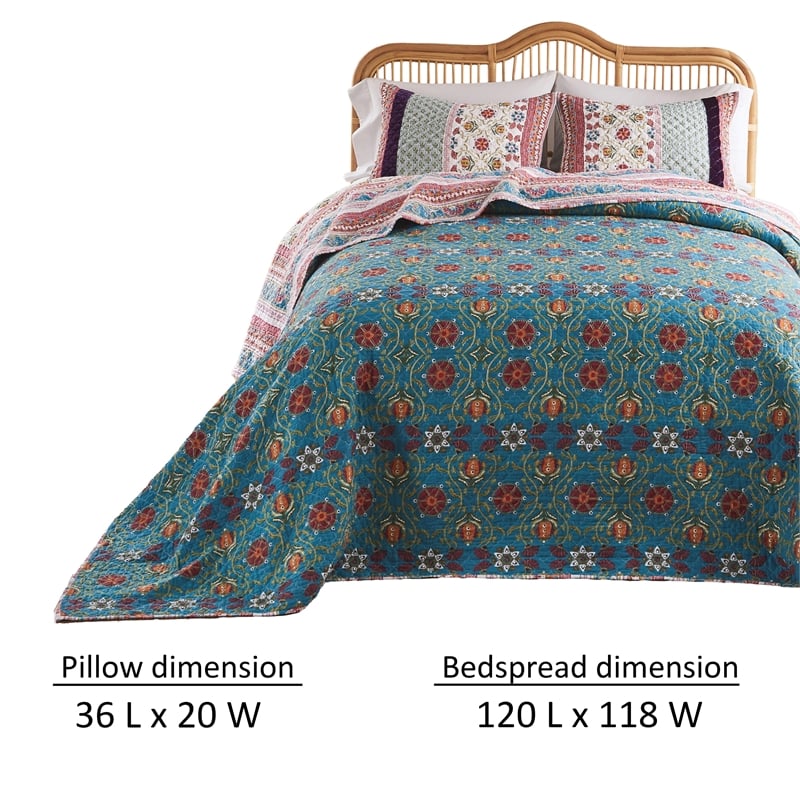 Benjara Ello 3pc King Bedspread and Pillow Sham Set- Red Blue Bohemian Stripes